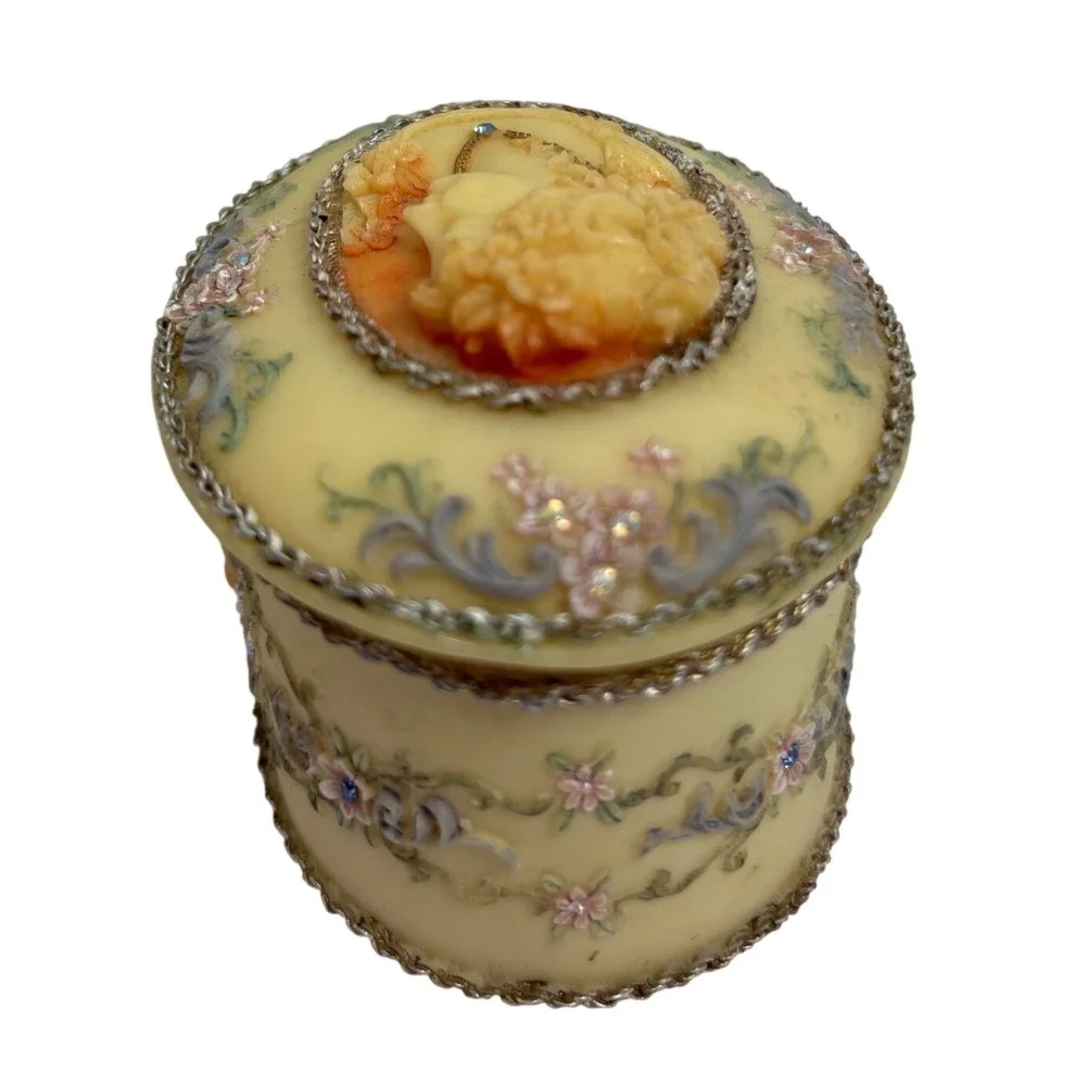 Cameo Floral Resin Trinket Box Rhinestone Accents Cream Jewelry Case Vintage